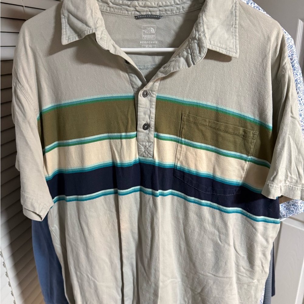 The North Face Beige Polo with Olive, Navy and Teal Stripes